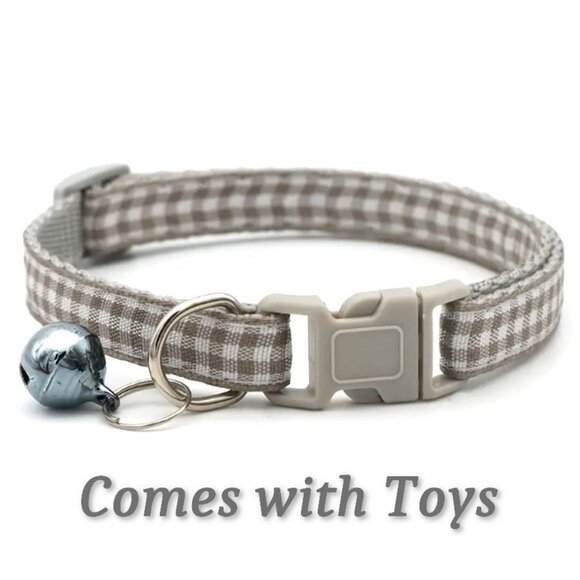 Jamie Jase Khaki Gingham Plaid Bell Accented Cat Collar with Toys Gift Package - Picture 9 of 9